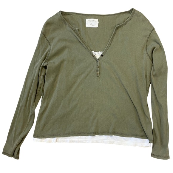 ⭐ 3/$15 Vintage Y2K Sonoma XL 100% Cotton Olive Green Ribbed Cami Lined Henley - Picture 2 of 8